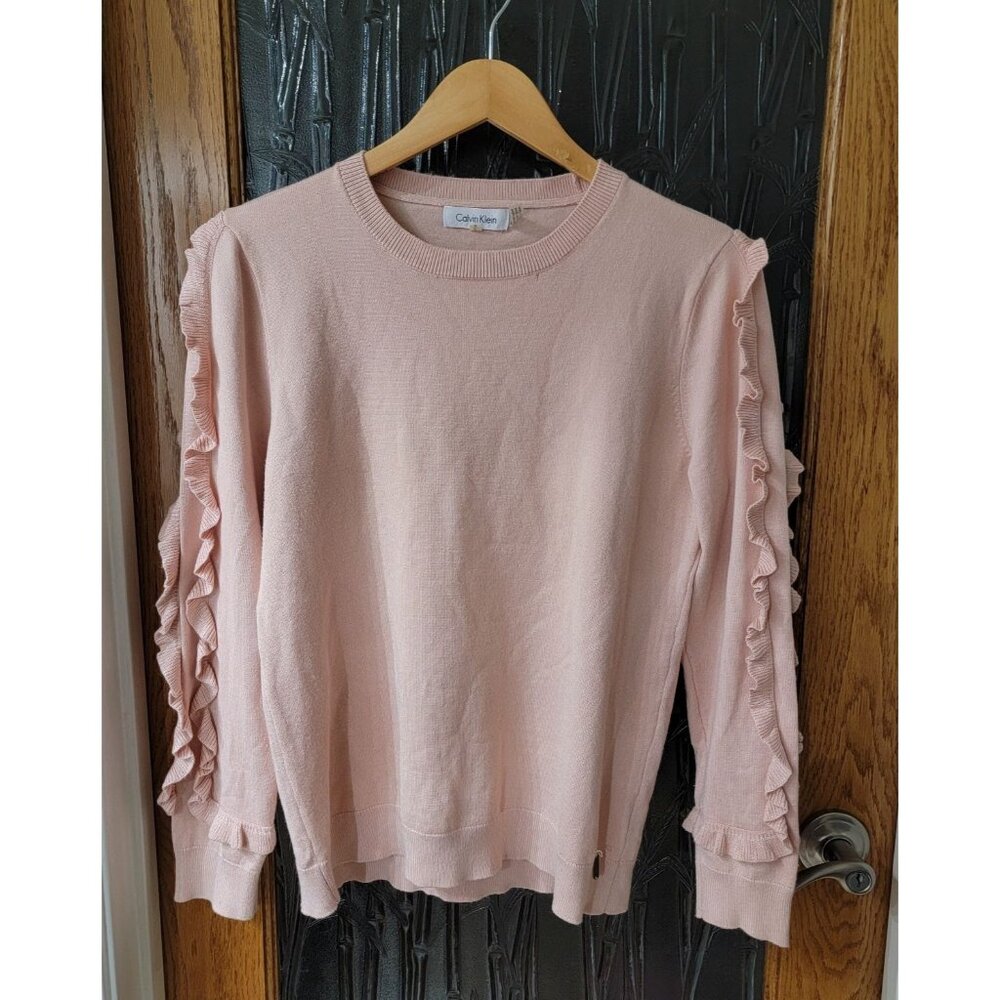 Calvin Klein Womens Pink Ruffle Sleeve Pullover Sweater M